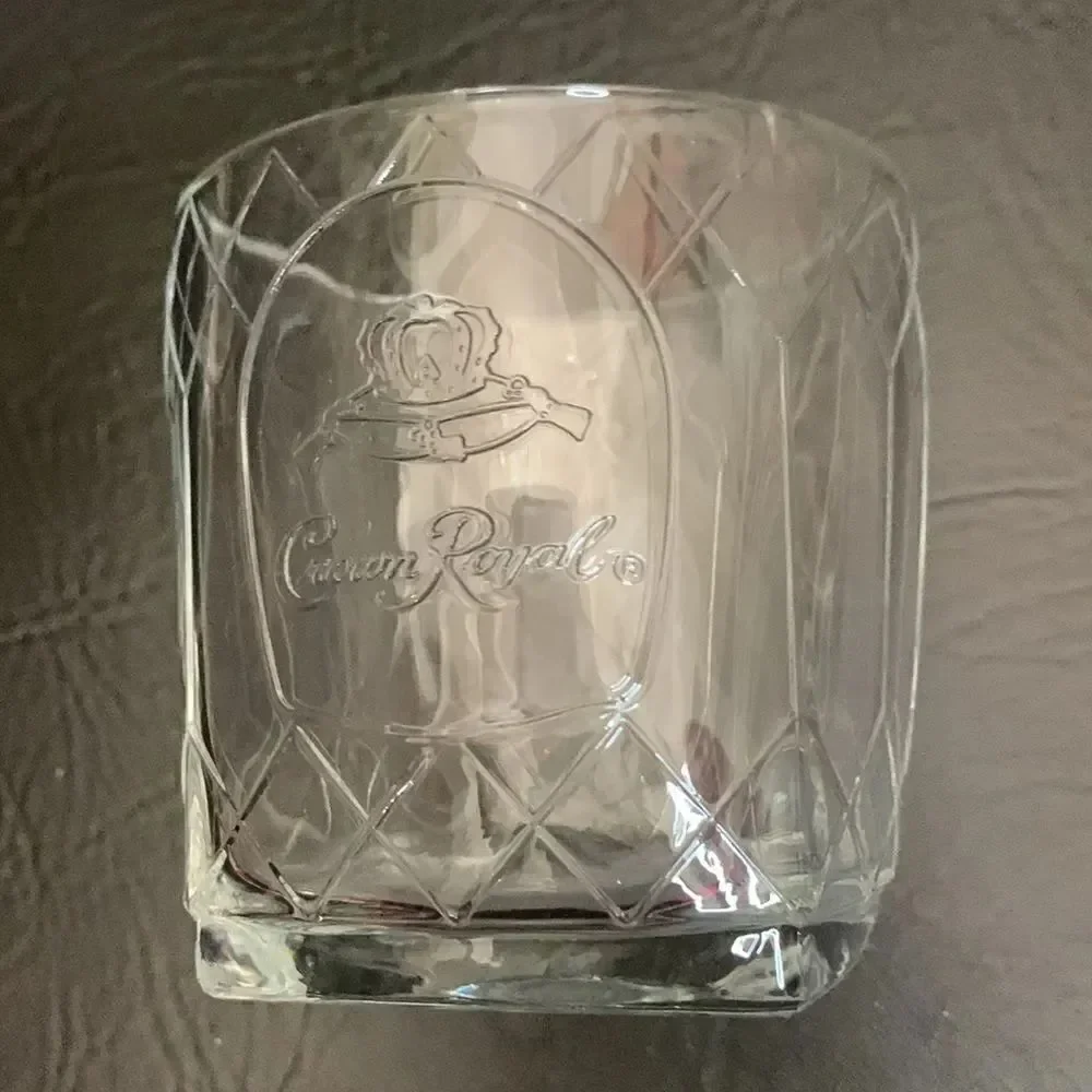 Crown Royal Whiskey 2 Glasses Embossed Stamped Diamond Cut Rocks Bar Cocktail